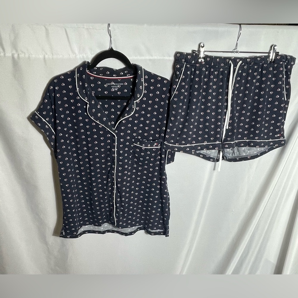 Tommy Hilfiger XL Heart Print Pajama Set Button Top Shorts Navy Sleepwear